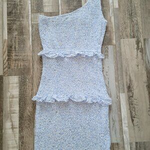 Princess Polly Elza Blue Floral  Ruffle One Shoulder Mini Dress - Size 2